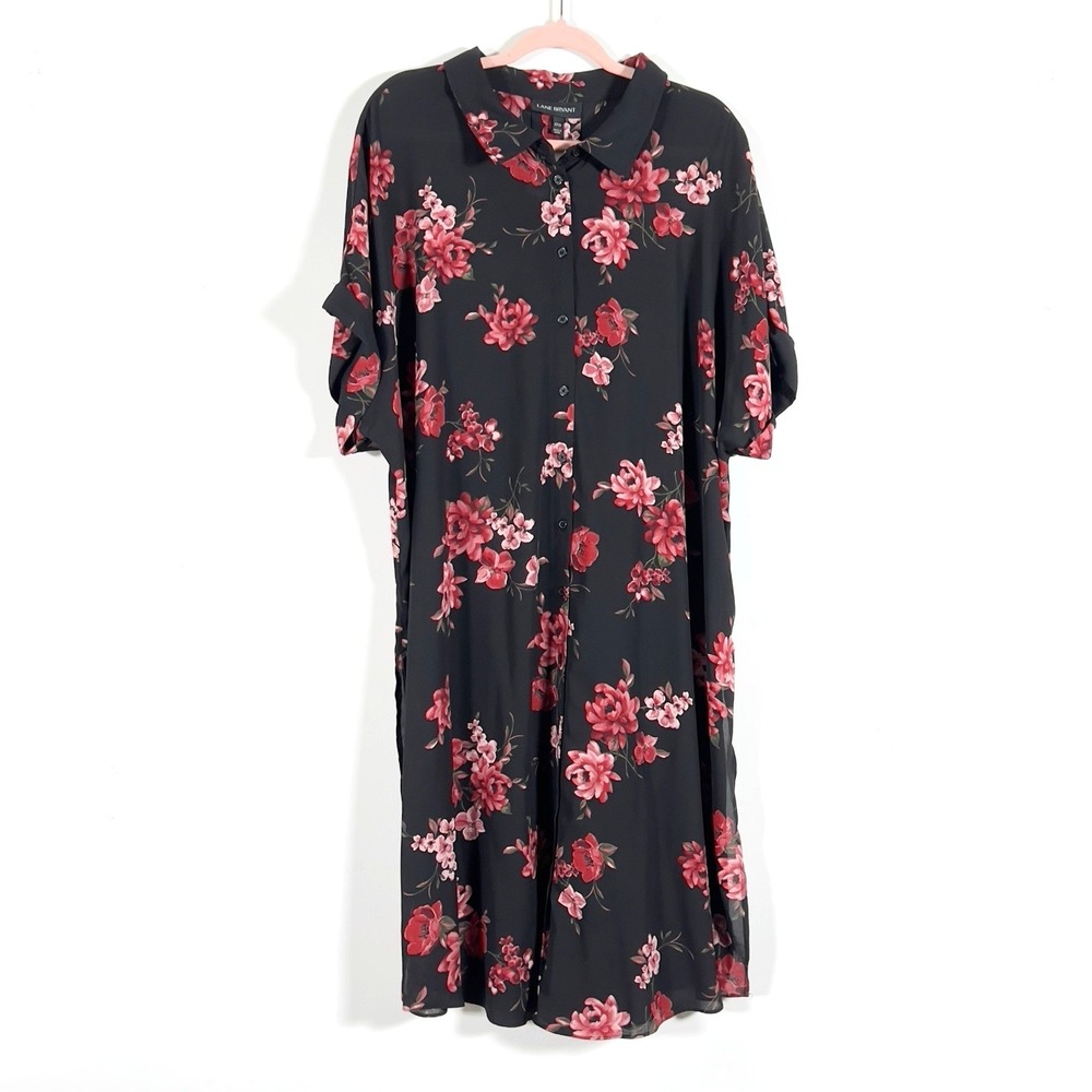 Lane Bryant Button Front Shirt Dress Womens Sz 22/24 Black Floral Short Sleeve